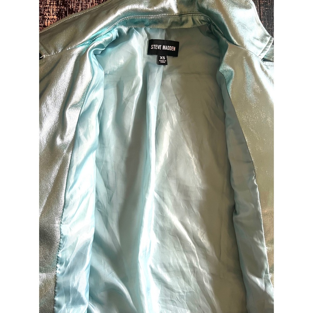 Steve Madden Metallic Faux Leather Moto Jacket Ice Blue Mint XS Cropped Biker - Picture 5 of 5